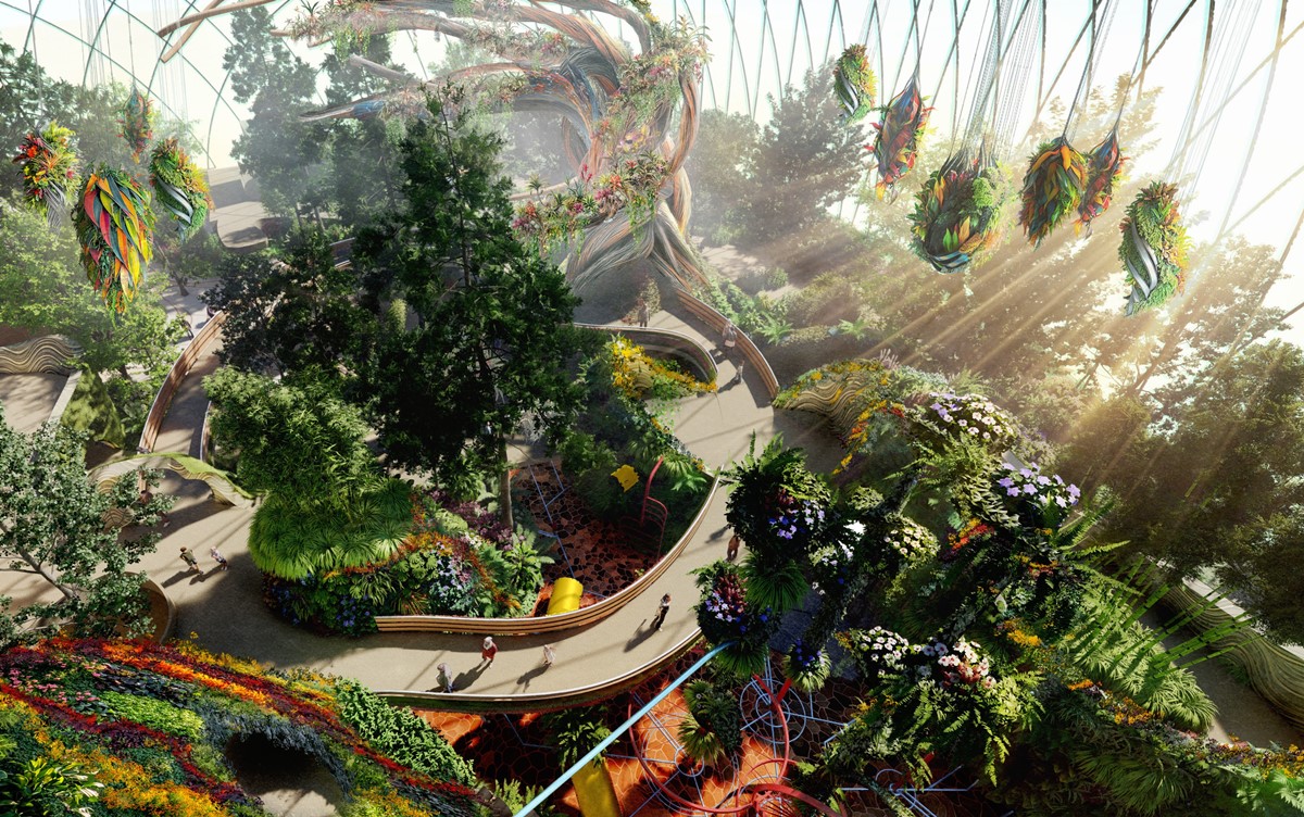 Concept art of aerial view of The Realm of the Sun